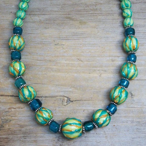 Hand Crafted Jewelry - Unique Art Glass Beaded Hand Crafted Necklace